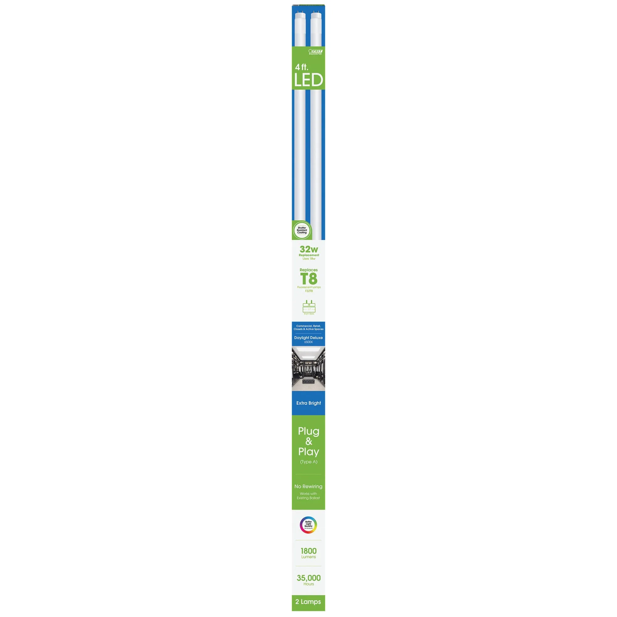 4 ft. 18W (32W Replacement) Daylight Deluxe (6500K) Direct Replacement (Type A) T8 LED Tube (2-Pack)