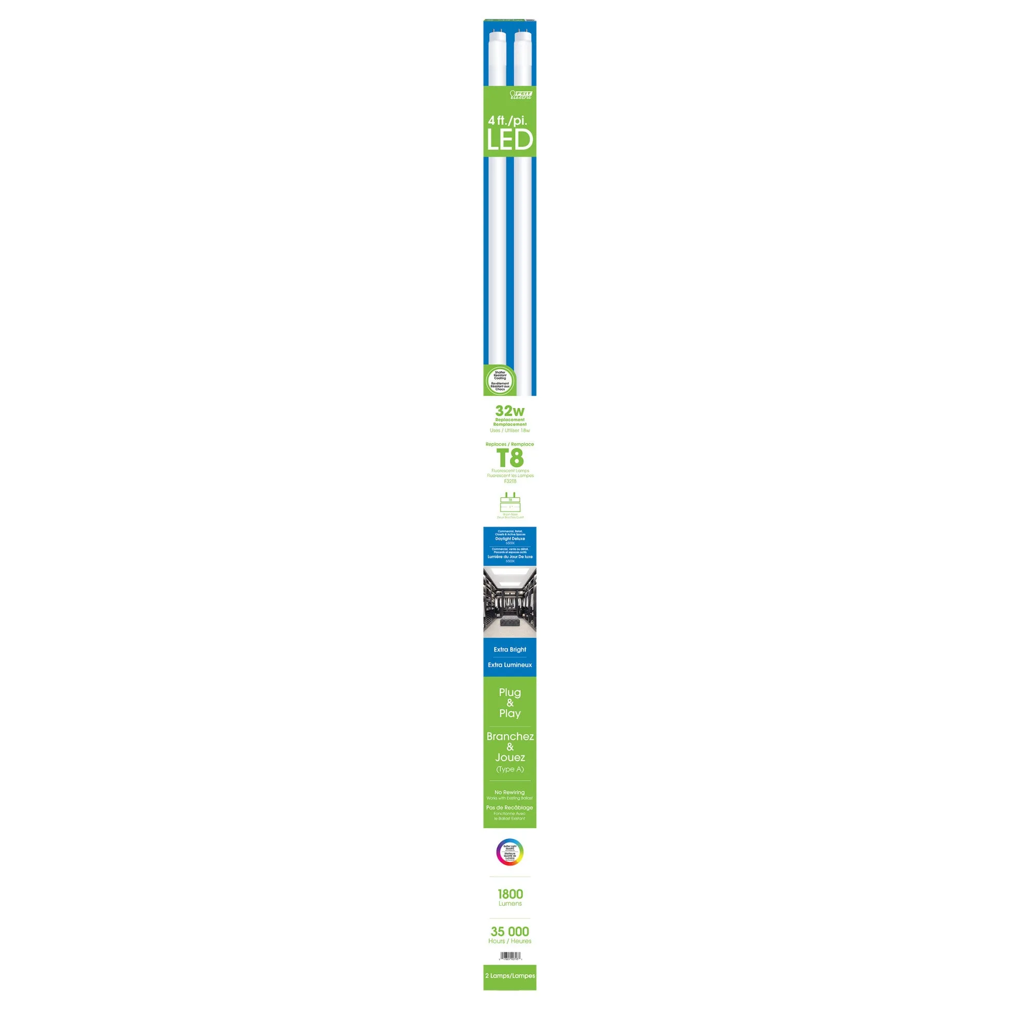 4 ft. 18W (32W Replacement) Daylight Deluxe (6500K) Direct Replacement (Type A) T8 LED Tube (2-Pack)