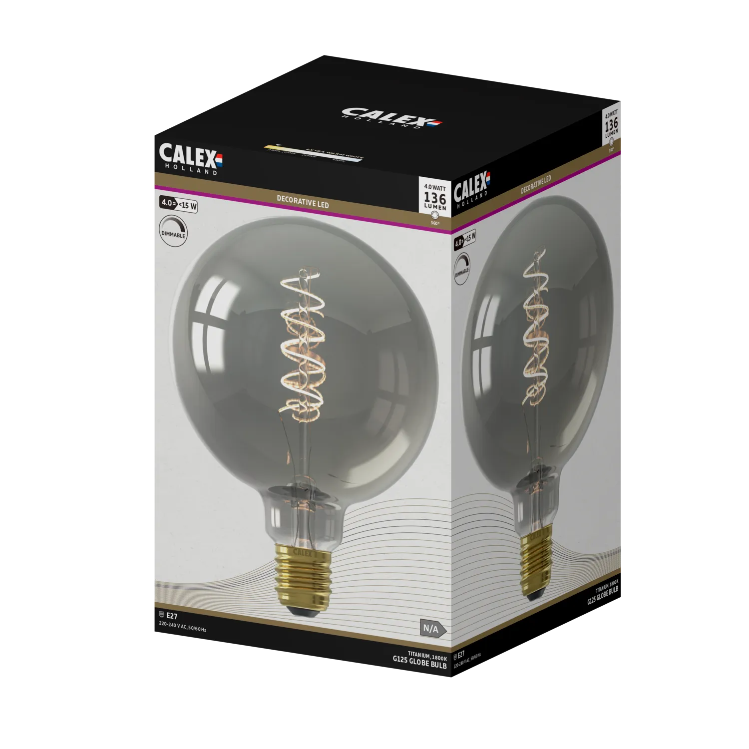 Calex Spiral Filament LED Lamp - E27 - G125 - Titanium - 4W - Dimmable
