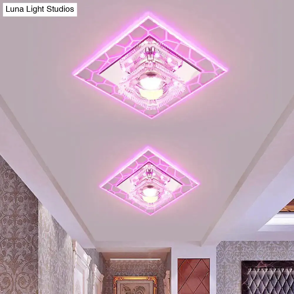 Clear LED Square Ceiling Lamp: Prismatic Crystal Flush Mount Fixture for Entryway - Minimalist Lighting
