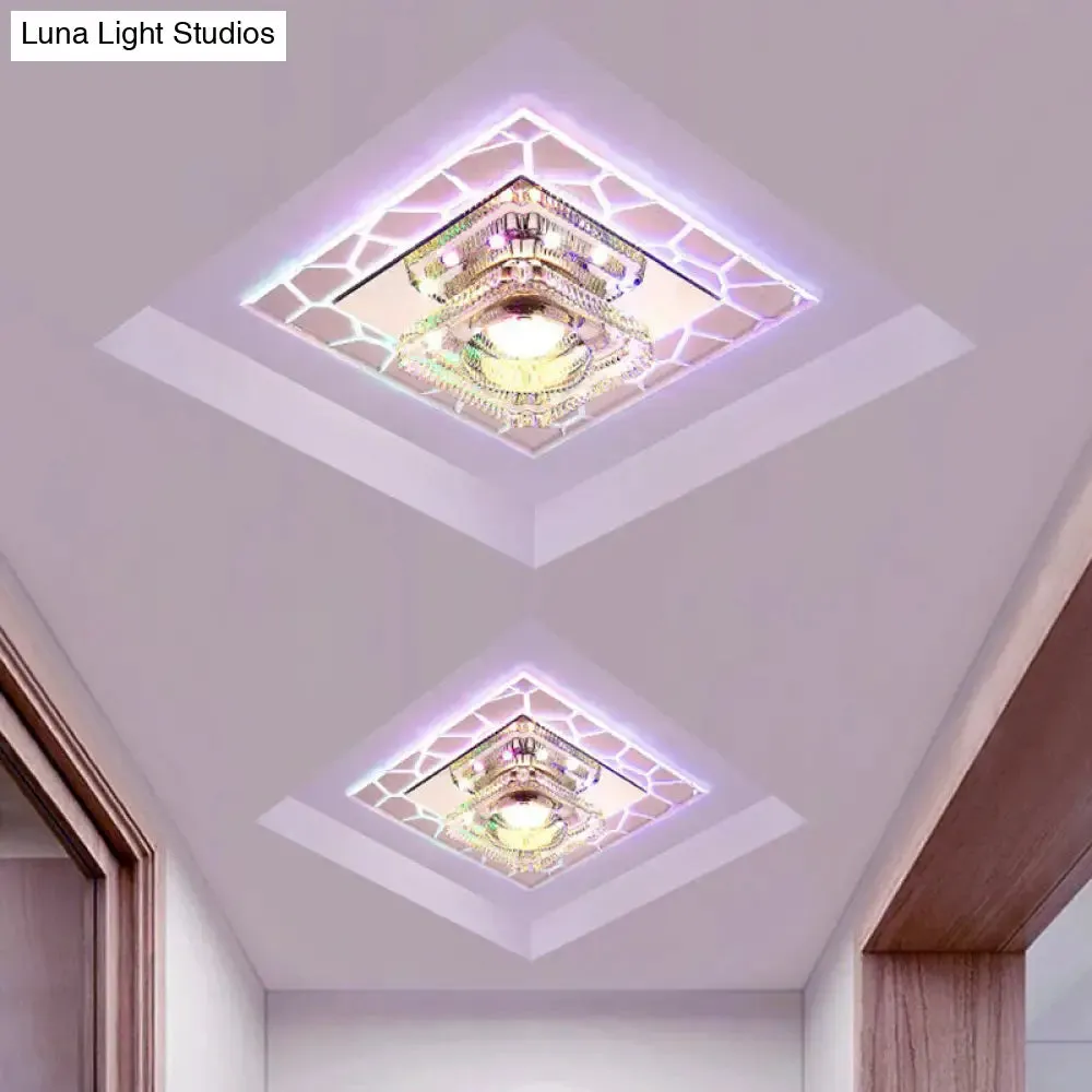 Clear LED Square Ceiling Lamp: Prismatic Crystal Flush Mount Fixture for Entryway - Minimalist Lighting
