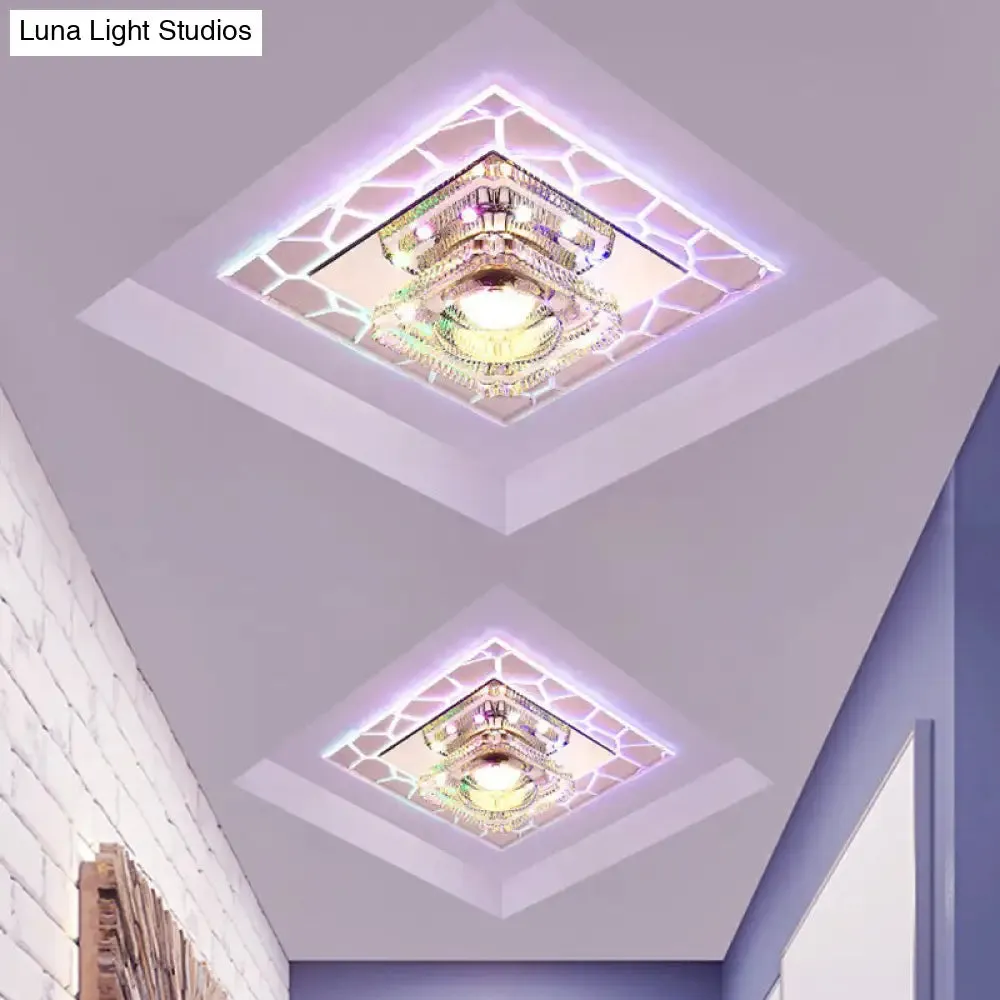 Clear LED Square Ceiling Lamp: Prismatic Crystal Flush Mount Fixture for Entryway - Minimalist Lighting