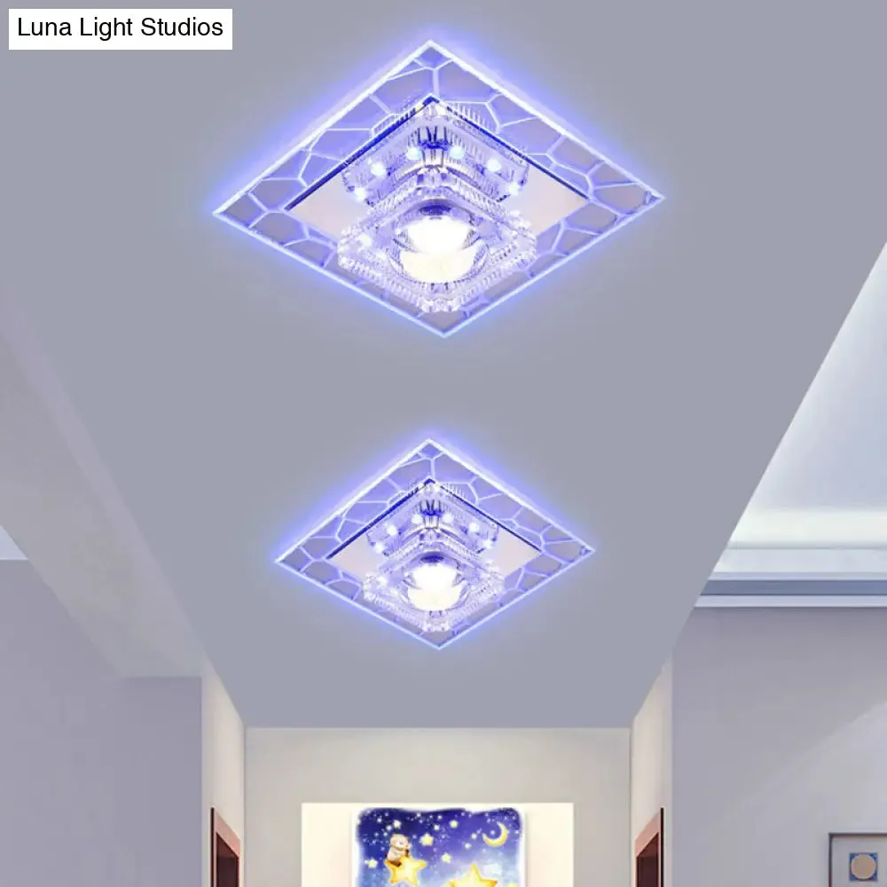 Clear LED Square Ceiling Lamp: Prismatic Crystal Flush Mount Fixture for Entryway - Minimalist Lighting