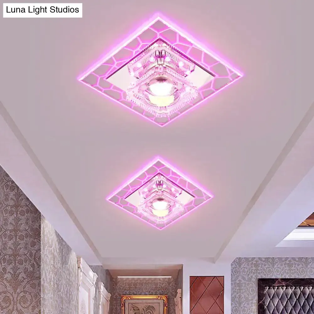 Clear LED Square Ceiling Lamp: Prismatic Crystal Flush Mount Fixture for Entryway - Minimalist Lighting