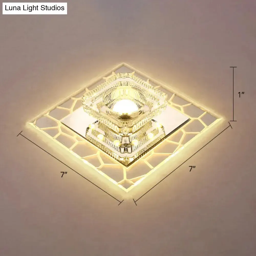 Clear LED Square Ceiling Lamp: Prismatic Crystal Flush Mount Fixture for Entryway - Minimalist Lighting