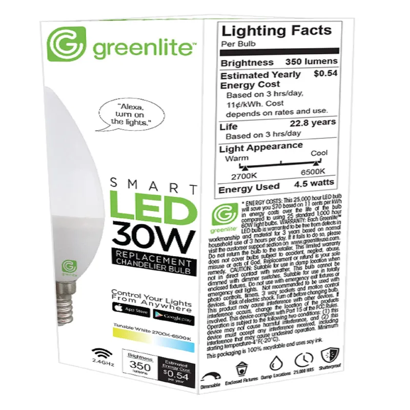 Greenlite B10 E12 (Candelabra) Smart-Enabled LED Bulb Tunable White/Color Changing 30 Watt Equivalen