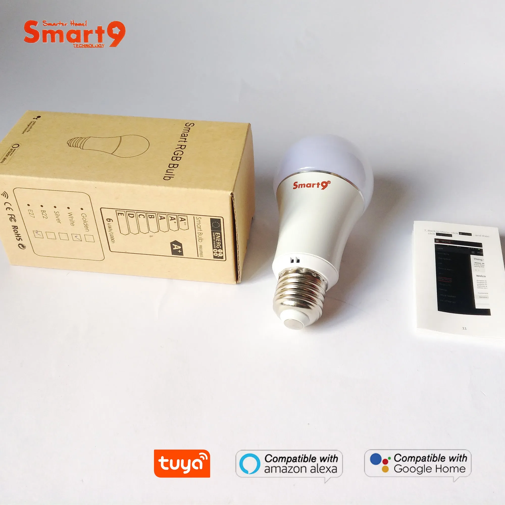 Smart9 RGB Bulb, TuYa Home Automation Smart Life APP, E27 6W Light Socket Wifi Connection, Works with Alexa Echo