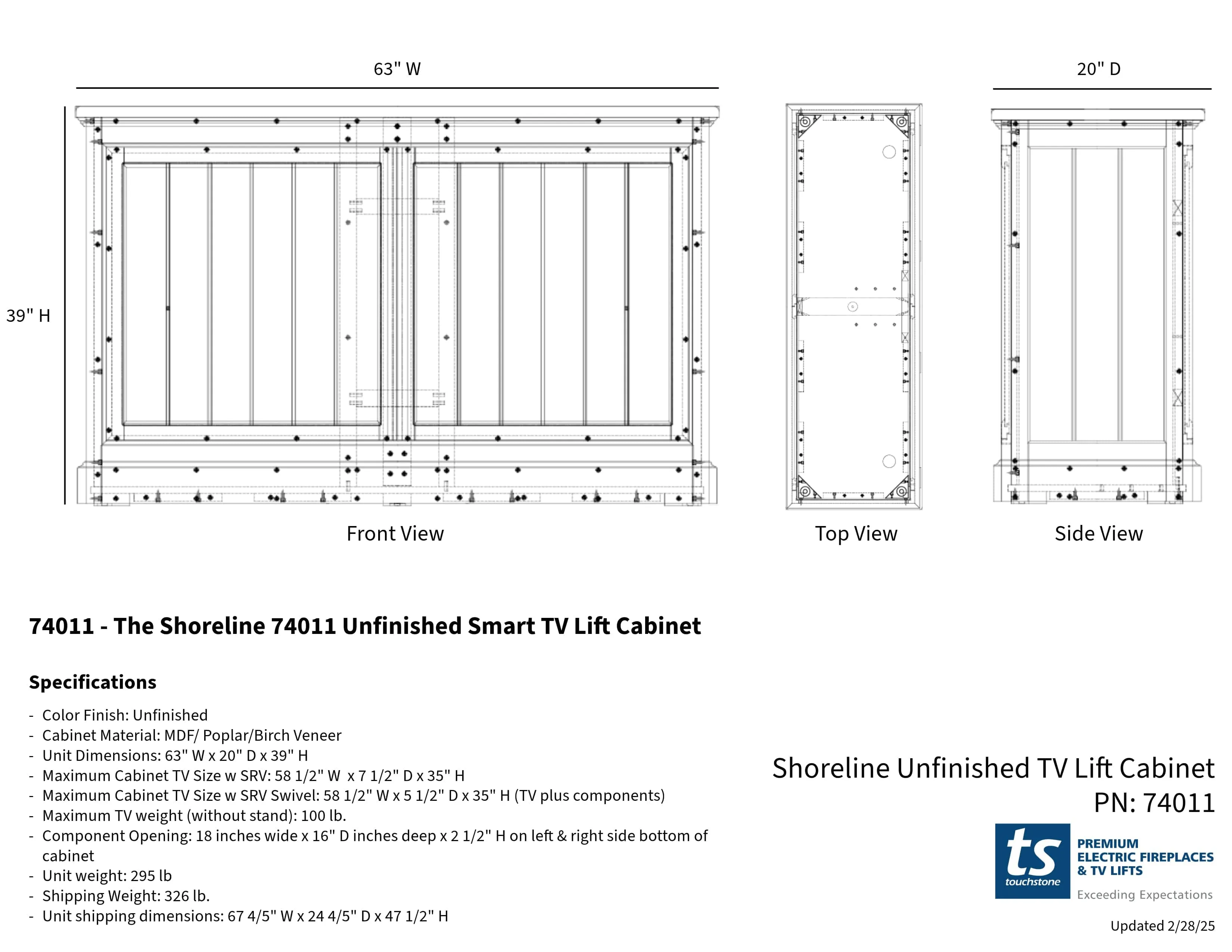The Shoreline 74011 Unfinished Smart TV Lift Cabinet for 65 Inch Flat screen TVs