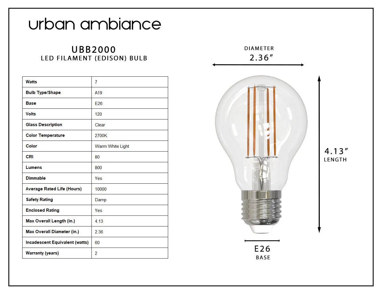 UBB2000 Luxury LED Bulbs, 60W Equivalent, Vintage Edison Style, A19 Shape, E26 Base (standard medium base), 2700K (warm white) - 8 PACK