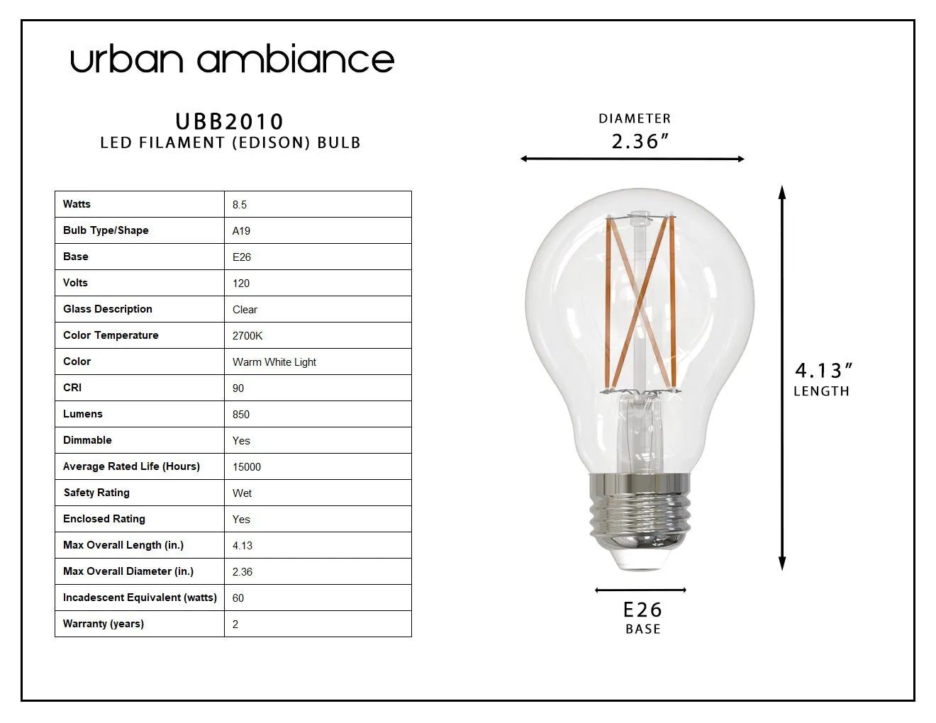 UBB2010 Luxury LED Bulbs, 60W Equivalent, Vintage Edison Style, A19 Shape, E26 Base (standard medium base), 2700K (warm white) - 2 PACK