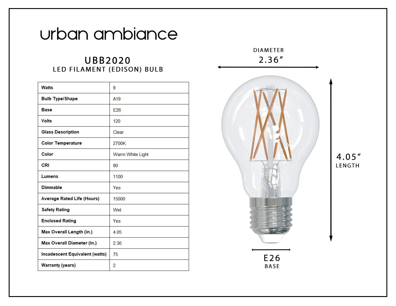 UBB2020 Luxury LED Bulbs, 75W Equivalent, Vintage Edison Style, A19 Shape, E26 Base (standard medium base), 2700K (warm white) - 2 PACK