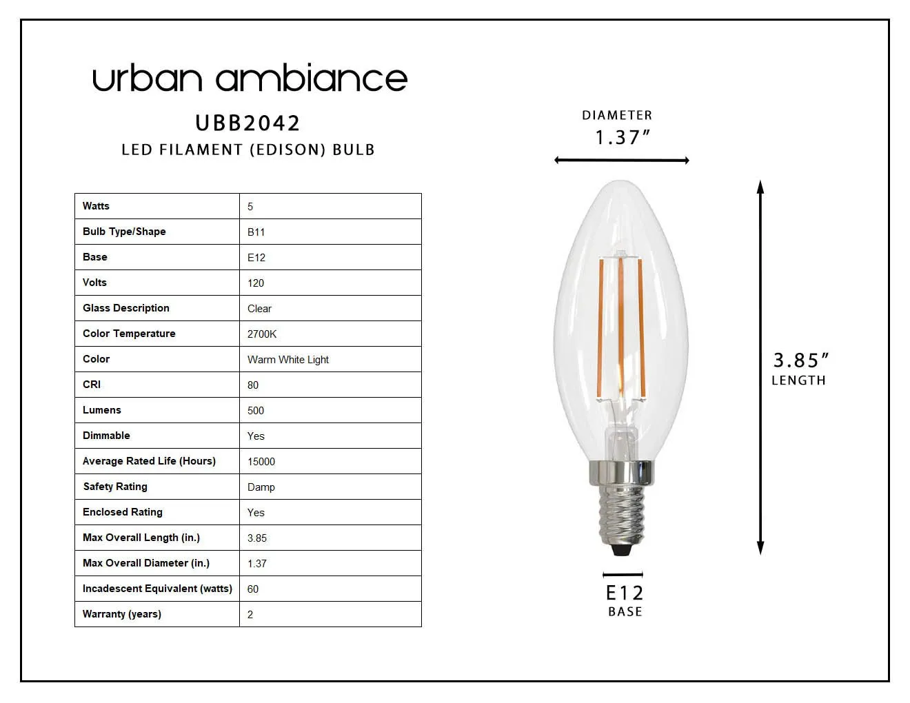 UBB2042 Luxury LED Bulbs, 60W Equivalent, Vintage Edison Style, B11 Shape, E12 Base (candelabra base), 2700K (warm white) - 4 PACK