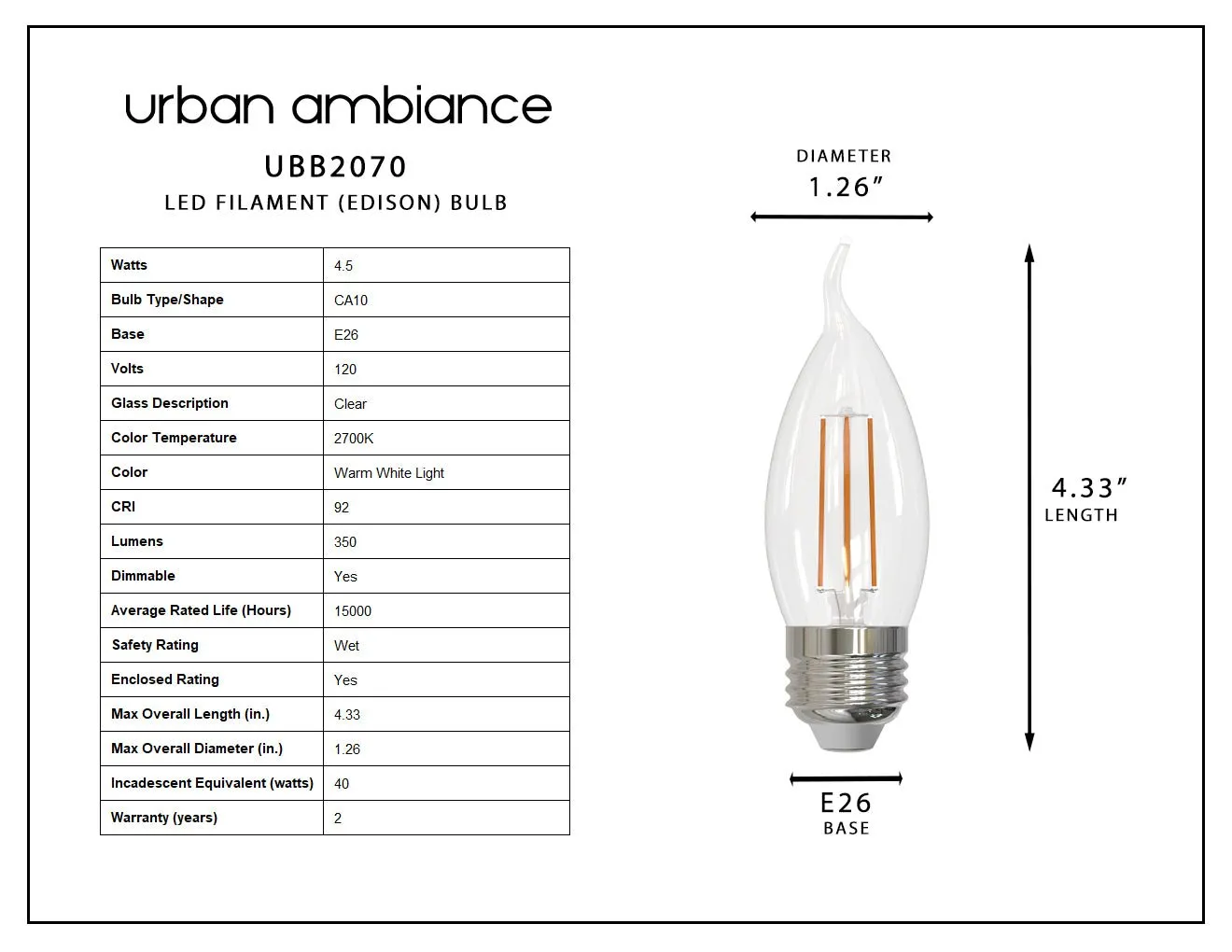 UBB2070 Luxury LED Bulbs, 40W Equivalent, Vintage Edison Style, CA10 Shape, E26 Base (standard medium base), 2700K (warm white) - 4 PACK