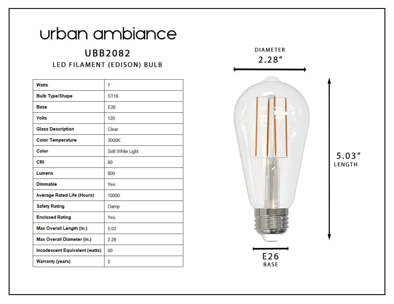 UBB2082 Luxury LED Bulbs, 60W Equivalent, Vintage Edison Style, ST19 Shape, E26 Base (standard medium base), 3000K (soft white) - 8 PACK