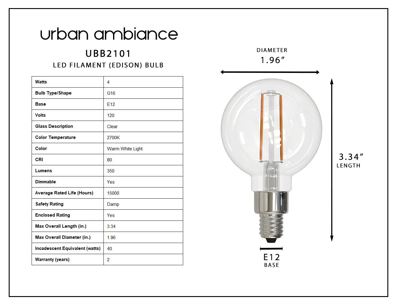 UBB2101 Luxury LED Bulbs, 40W Equivalent, Vintage Edison Style, G16 Shape, E12 Base (candelabra base), 2700K (warm white) - 3 PACK