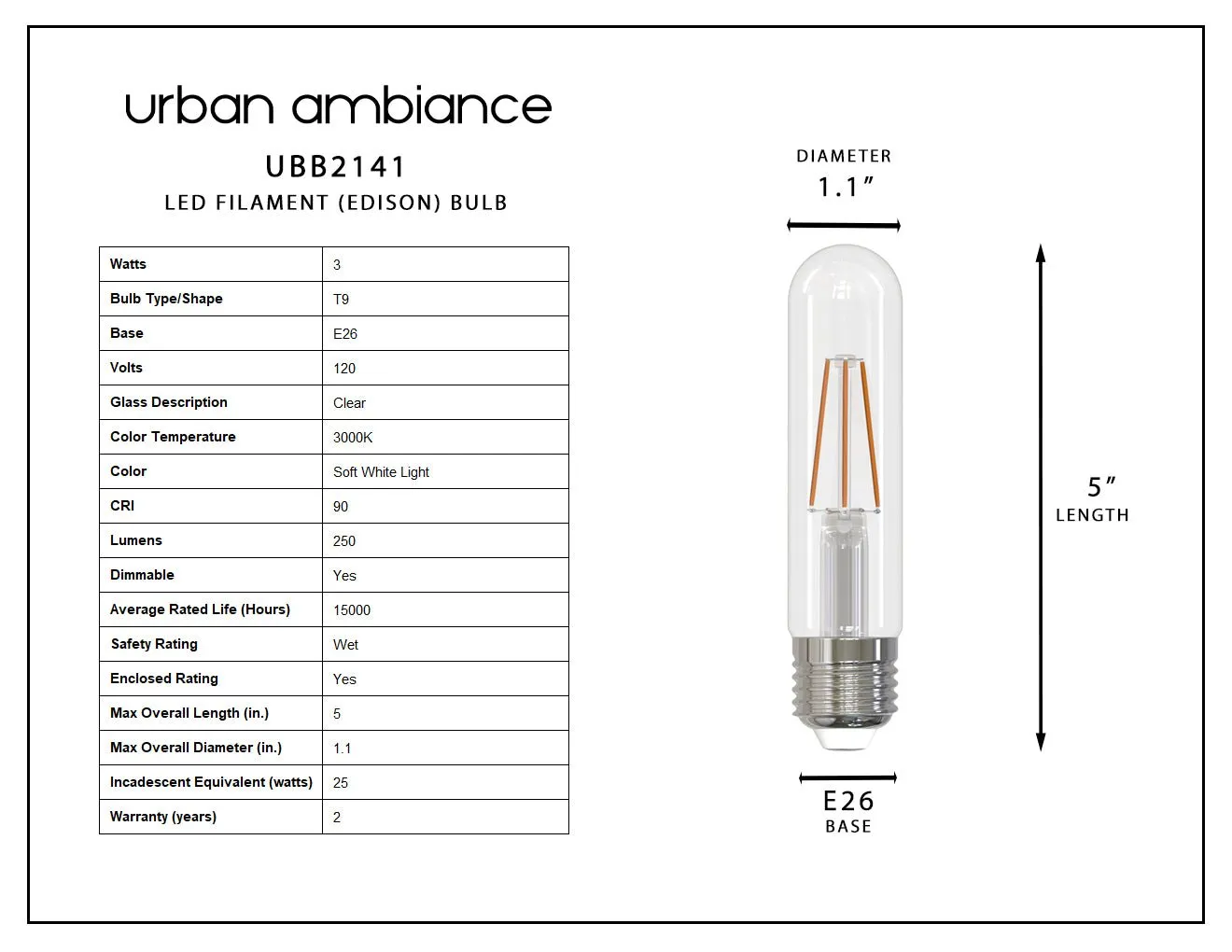 UBB2141 Luxury LED Bulbs, 25W Equivalent, Vintage Edison Style, T9 Shape, E26 Base (standard medium base), 3000K (soft white) - 2 PACK