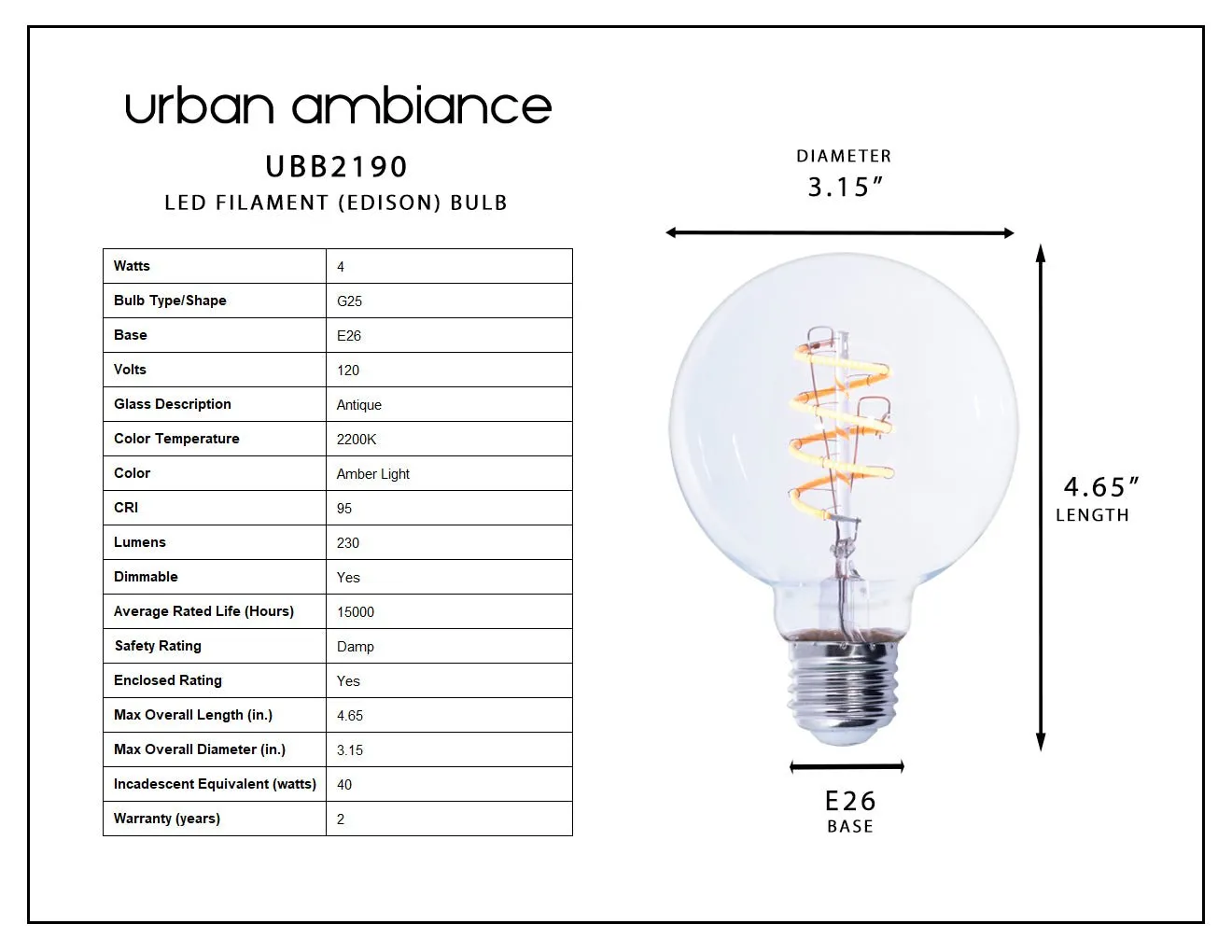 UBB2190 Luxury LED Bulbs, 40W Equivalent, Vintage Edison Style, G25 Shape, E26 Base (standard medium base), 2200K - 2 PACK