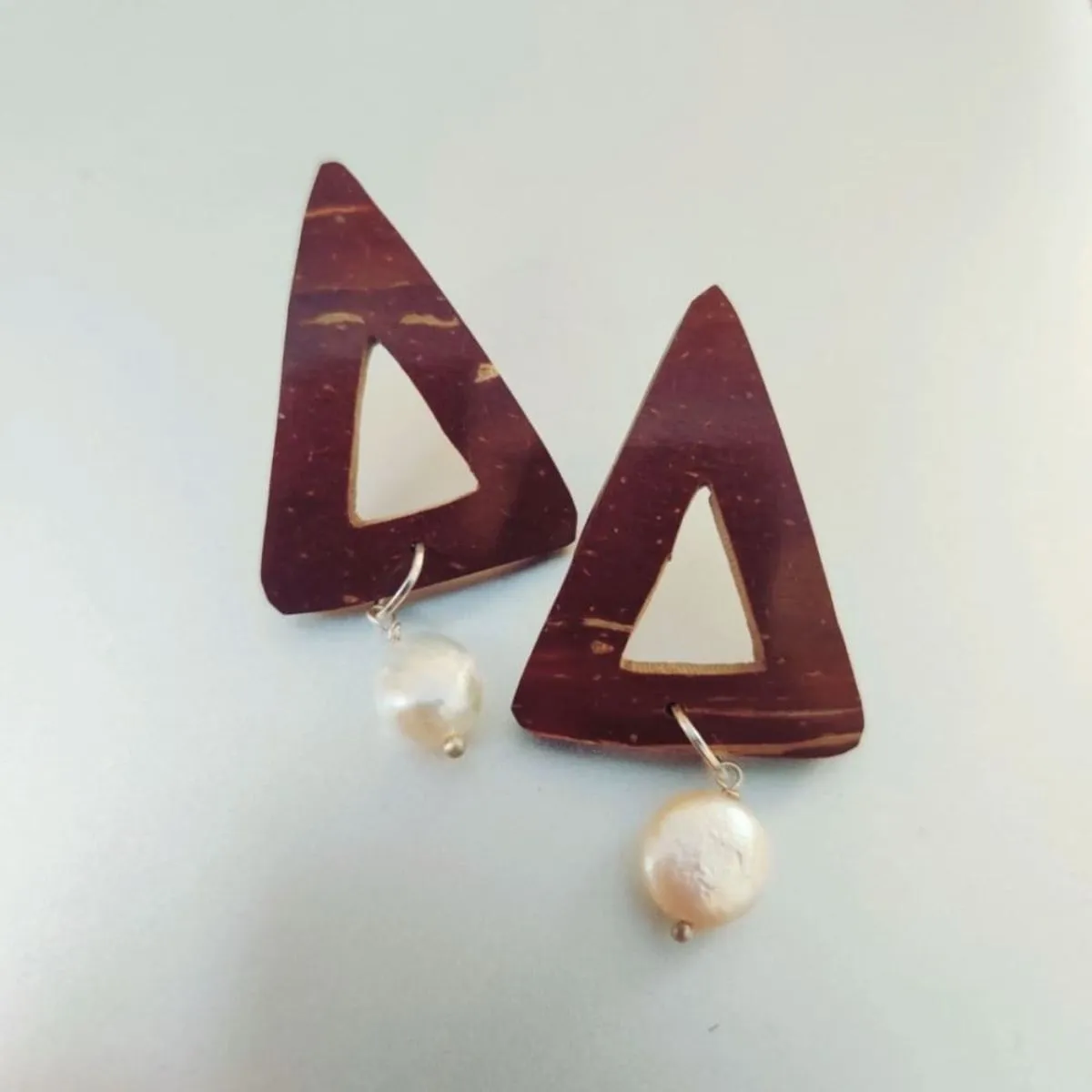 Women Earrings Of Pearl & Triangle Coconut Shell With Golden Hook | Smart Look