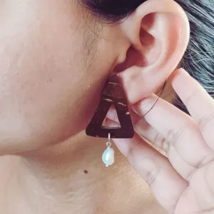 Women Earrings Of Pearl & Triangle Coconut Shell With Golden Hook | Smart Look